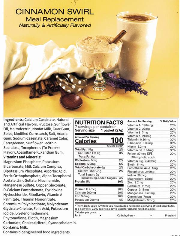 Best By 11 2025; Cinnamon Swirl Meal Replacement, Pudding & Shake, by Robard