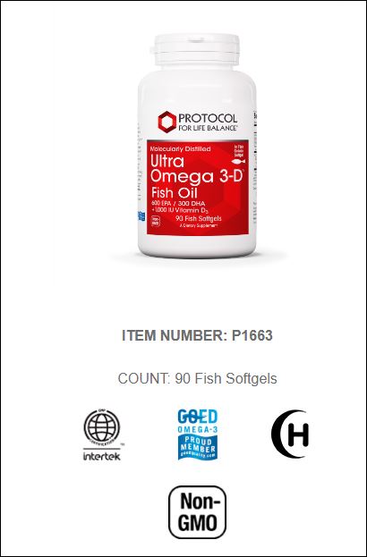 Protocol For Life Balance Ultra Omega 3-D Fish Oil 600 EPA / 300 DHA 1000 IU D3