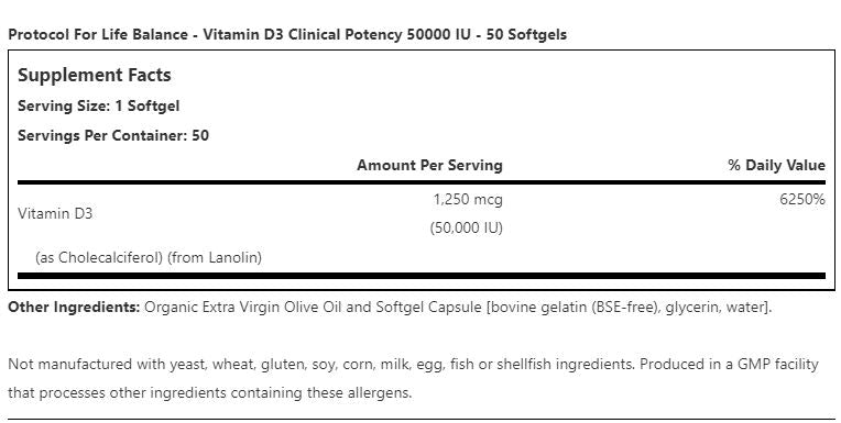Protocol for Life Balance, Vitamin D3, Cholecalciferol, 50,000 IU or 1.25mcg (50 Count)
