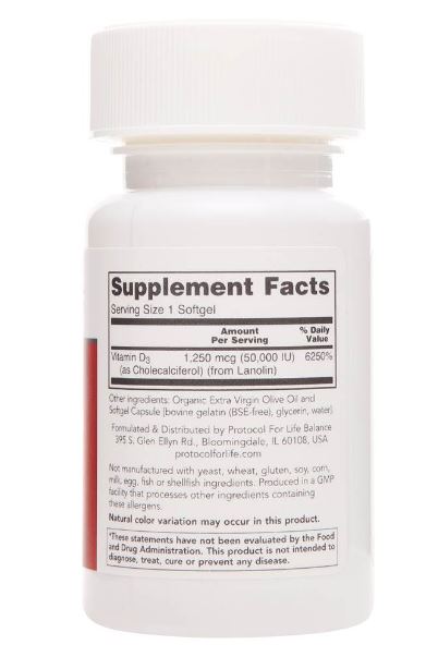 Protocol for Life Balance, Vitamin D3, Cholecalciferol, 50,000 IU or 1.25mcg (50 Count)