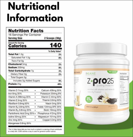 R Kane Z Pro25 Vanilla Pudding / Shake / Smoothie Mix (16 Serving Canister)