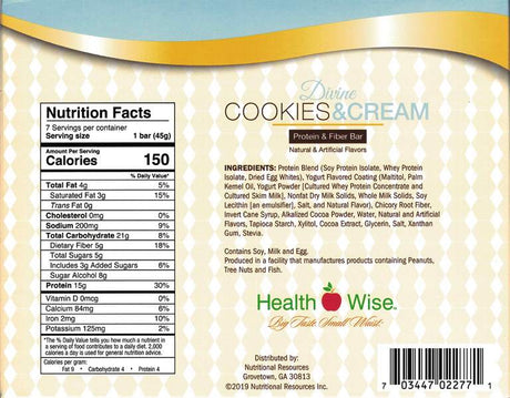 BARS, Divine Cookies & Cream High Protein & Fiber Bar by Healthwise