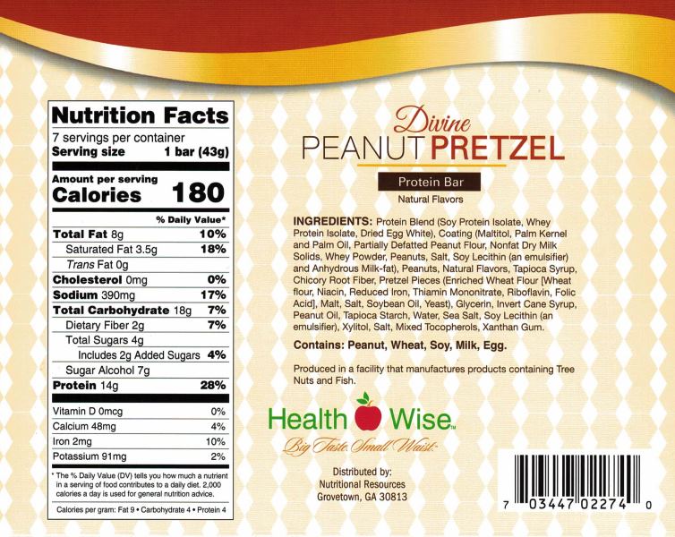 Best by 11 2024; BARS Divine Peanut Pretzel High Protein & Fiber by Healthwise