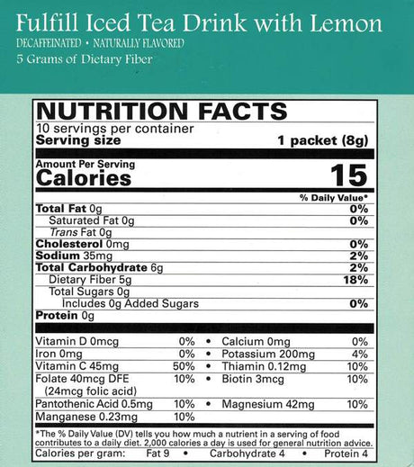 Best By 10 2025; Fulfill High Fiber Iced Tea with Lemon Drink (10 servings/Box)